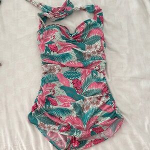 Bettie Page Tropical Floral One-Piece Swimsuit - Pink & Teal